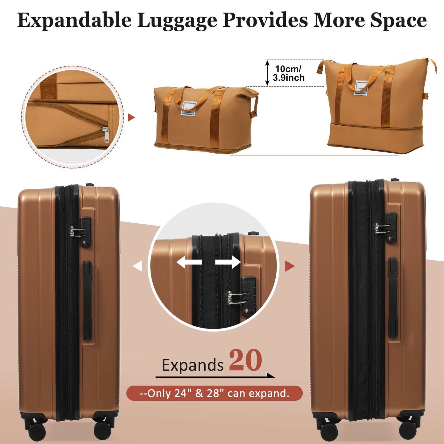 Brown 5-piece hardside luggage set with double spinner wheels and USB port