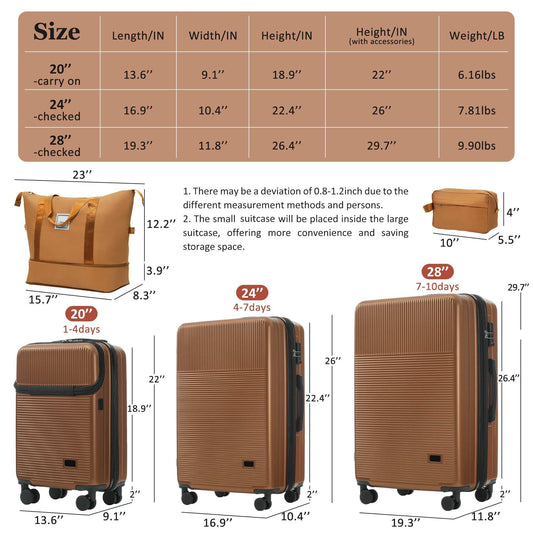 Brown 5-piece luggage set with hard-shell, spinner wheels, and USB port for travel essentials